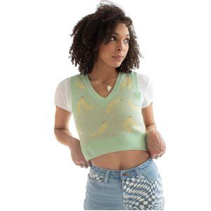 No Comment Sea Foam Green Cropped V-Neck Banana Print Sweater Vest